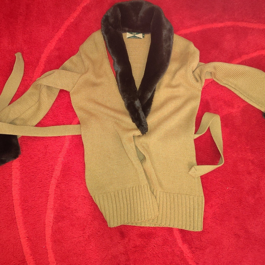 525 America Belted Cardigan Jacket with Faux Fur Trim Sz M