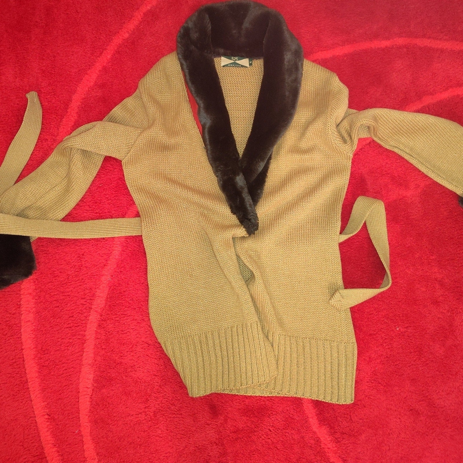 525 America Belted Cardigan Jacket with Faux Fur Trim Sz M