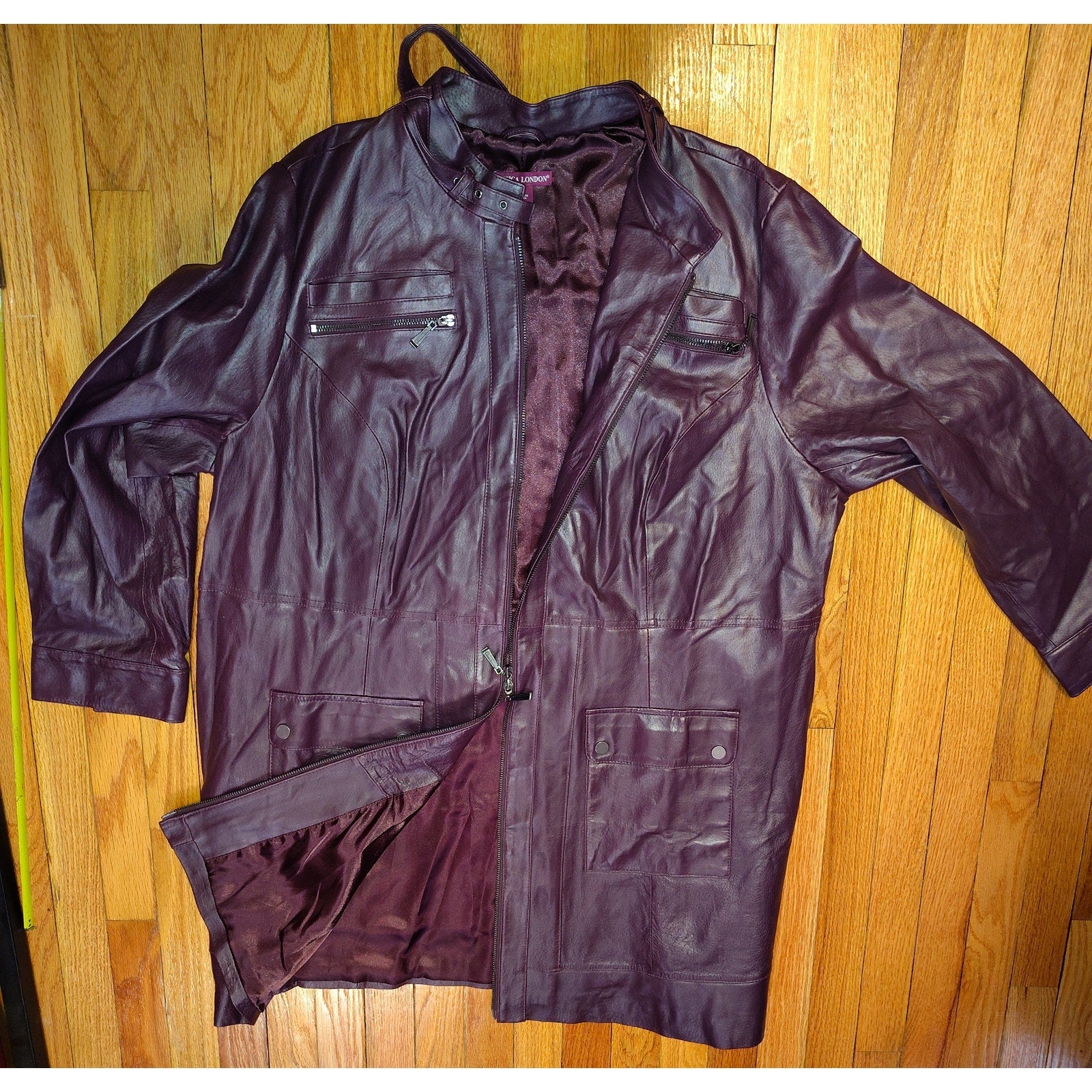 Jessica London Burgundy Leather long Jacket Sz 26