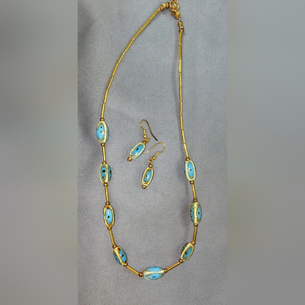Gold-Tone Necklace & Earrings Set with Turquoise Blue Beads
