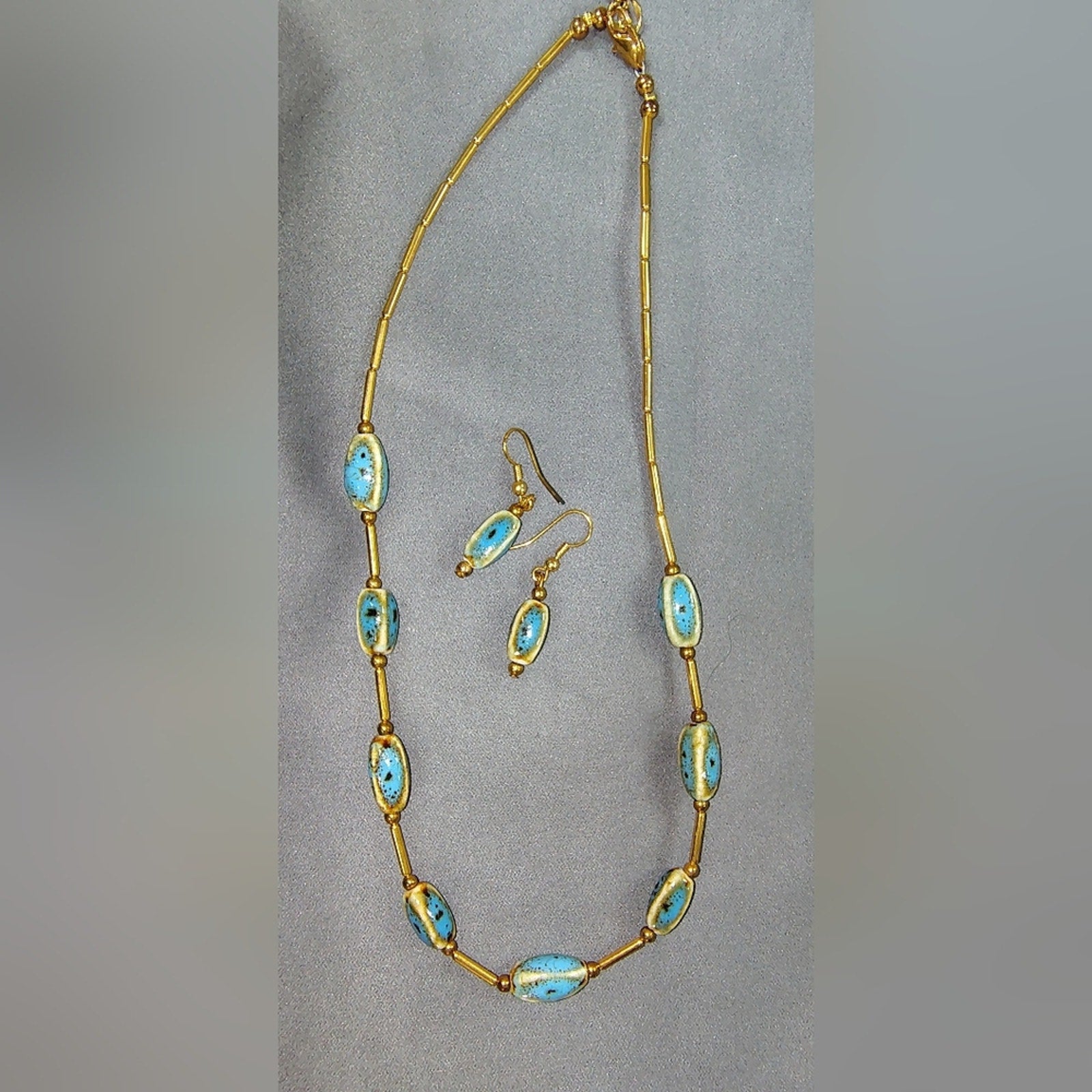 Gold-Tone Necklace & Earrings Set with Turquoise Blue Beads