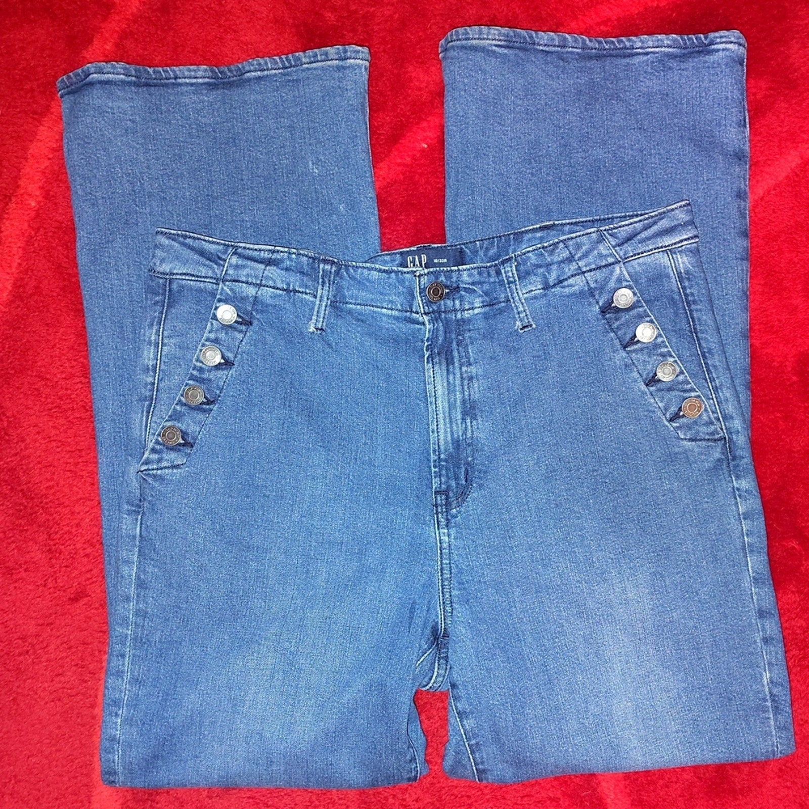 GAP Button Pocket 70's Rise Denim Flare Jeans Sz 16