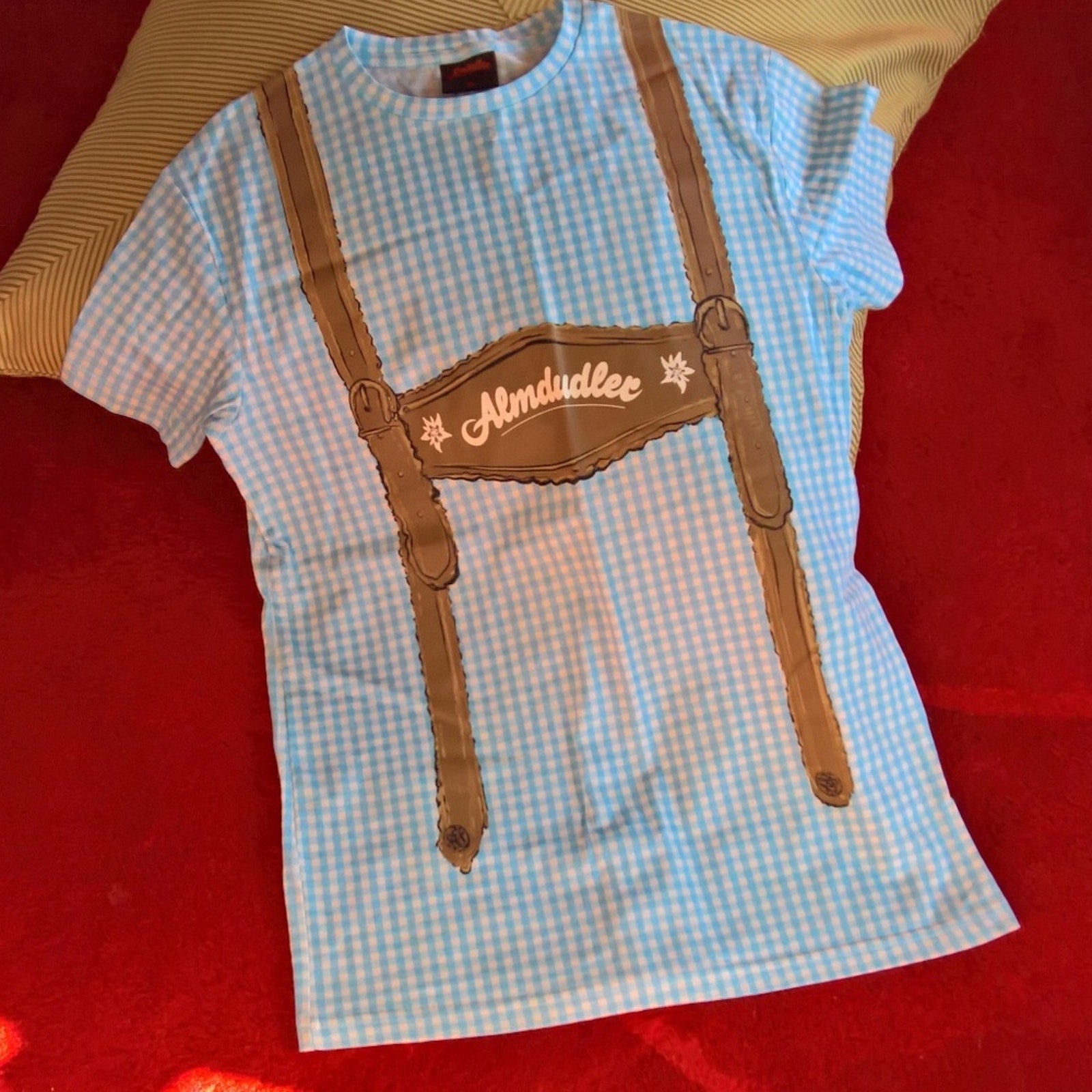 Gingham Lederhosen  Austrian Soda T shirt! NWOT