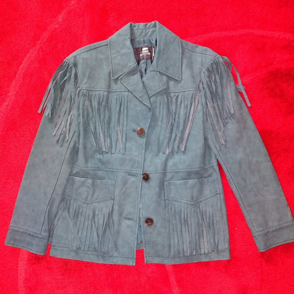 Urban Outfitters Green Faux Suede Fringe Shirt Jacket S