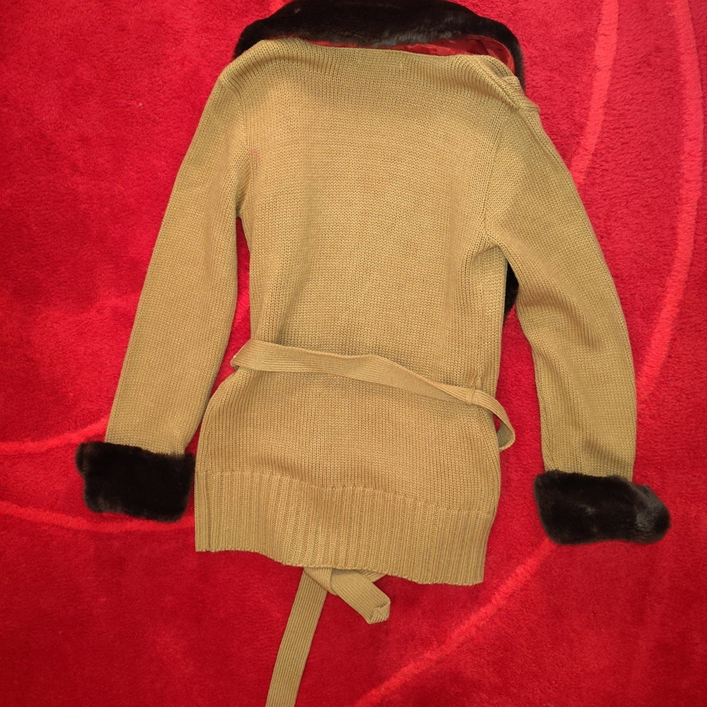 525 America Belted Cardigan Jacket with Faux Fur Trim Sz M