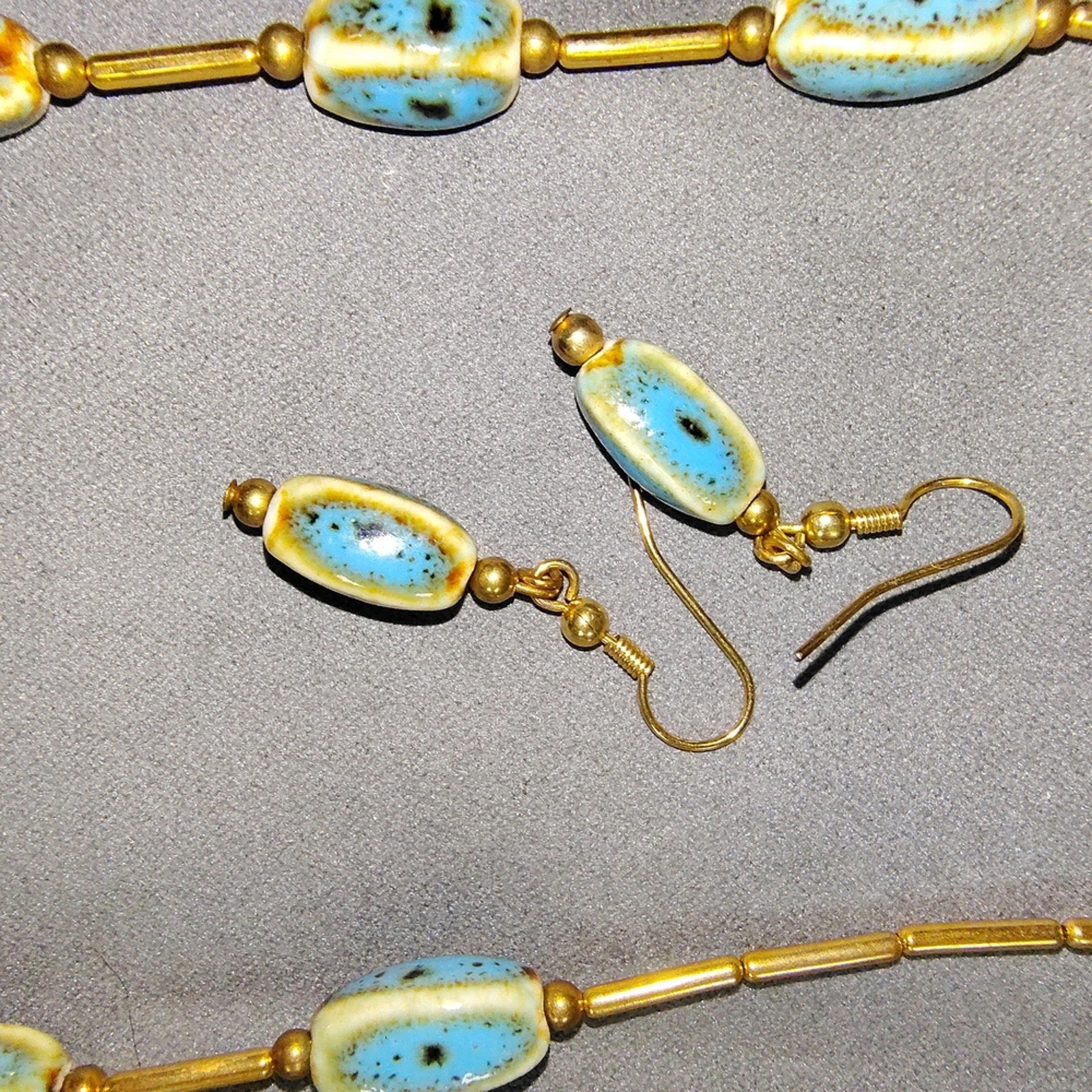Gold-Tone Necklace & Earrings Set with Turquoise Blue Beads