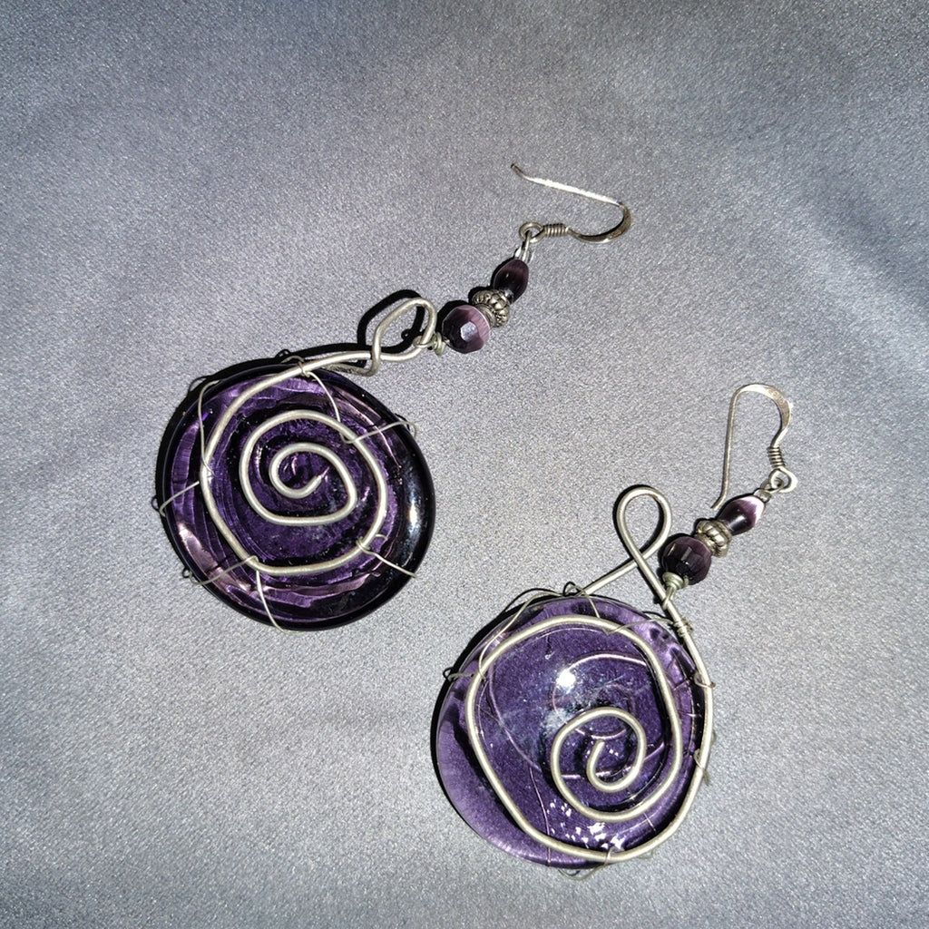 Handmade Wire Swirl & Glass Earrings In Purple