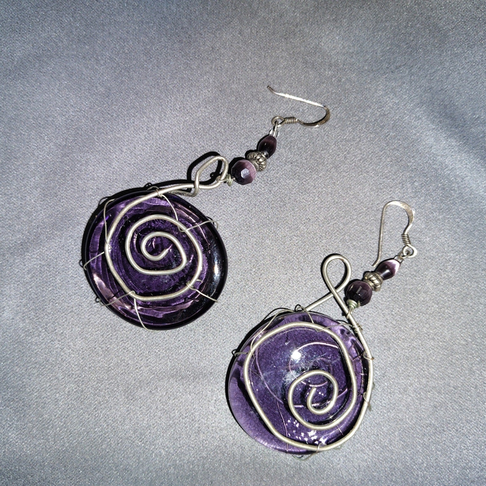 Handmade Wire Swirl & Glass Earrings In Purple