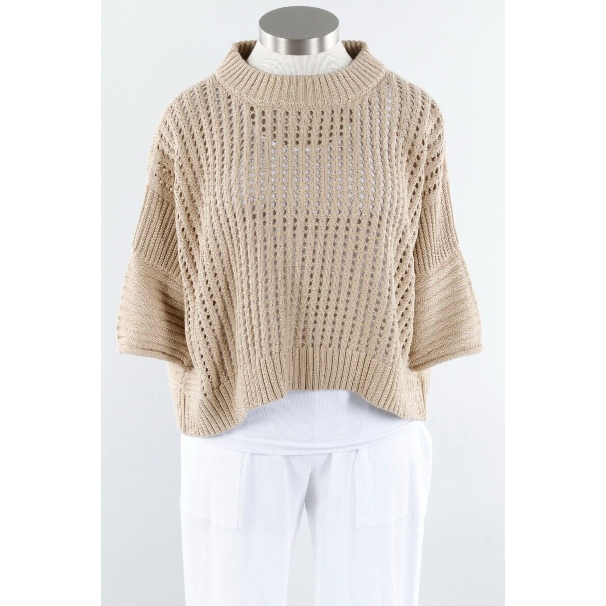 Planet By Lauren G Pima Cotton Crop Fisherman Crewneck Sweater OS