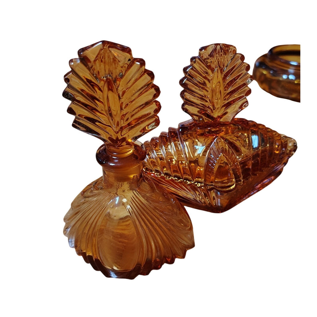Vintage Amber Glass Vanity Set 2 Pc, Perfume bottle and ring dish