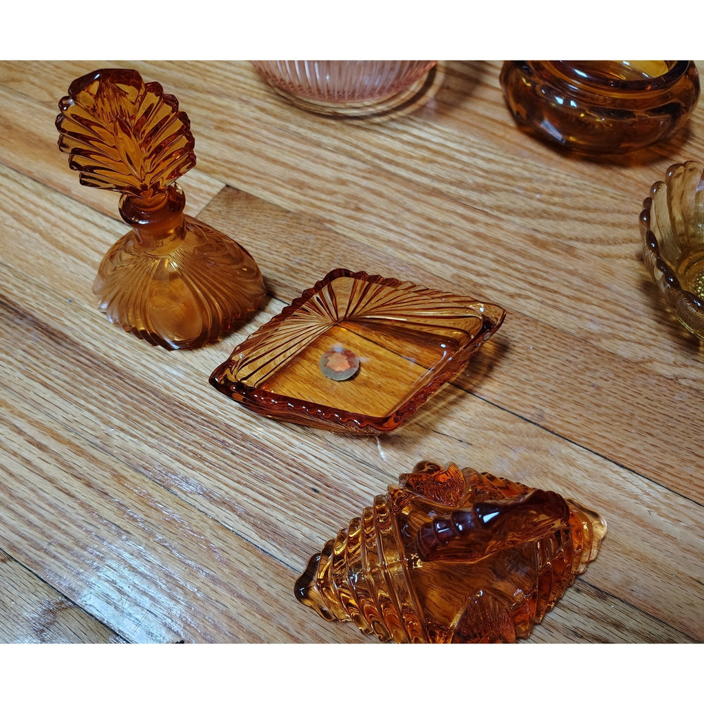 Vintage Amber Glass Vanity Set 2 Pc, Perfume bottle and ring dish