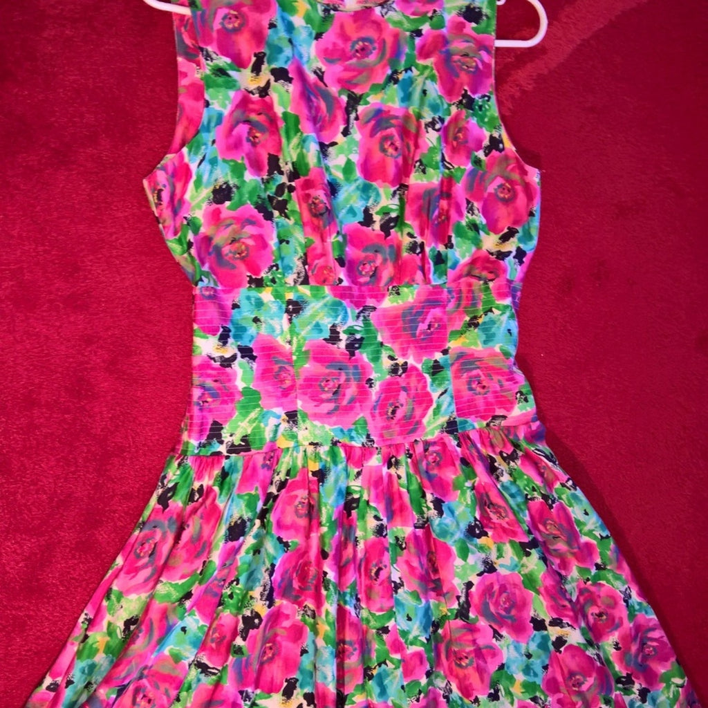 Vintage Classic Silhouette/Full Skirt/Rose Print Dress Sz 6/8